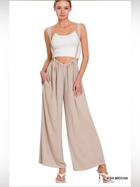 Zenana High-Waist Wide-Leg Suspender Pants in Beige Large
